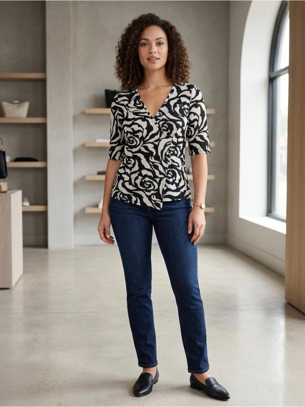 Black & White Floral Wrap-Style Women's Top